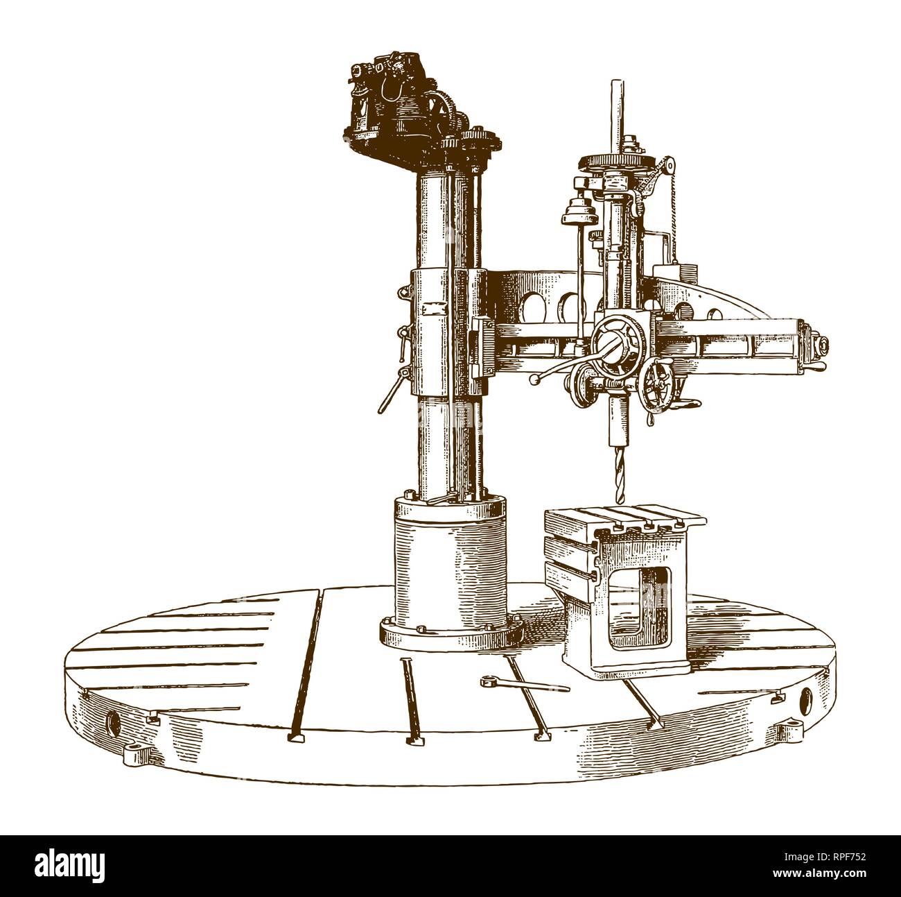 Historic electrically driven radial drill machine (after an engraving