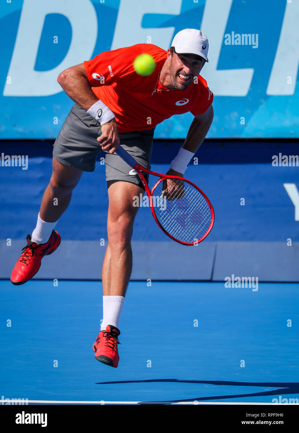 February 2l, 2019: Steve Johnson, of the United States, serves against  Paolo Lorenzi, of Italy, during a quarterfinal round of the 2019 Delray  Beach Open ATP professional tennis tournament, played at the
