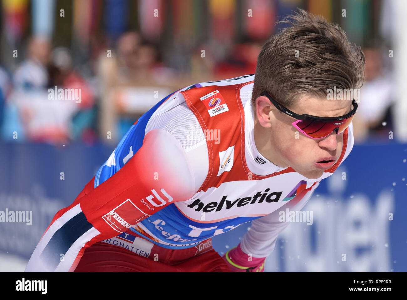 Seefeld, Austria. 21st Feb, 2019. Johannes Hoesflot Klaebo of Norway exhales during the qualification round of the 1.6-kilometer men's freestyle sprint race at the 2019 world nordic ski championships. Credit: John Lazenby/Alamy Live News Stock Photo