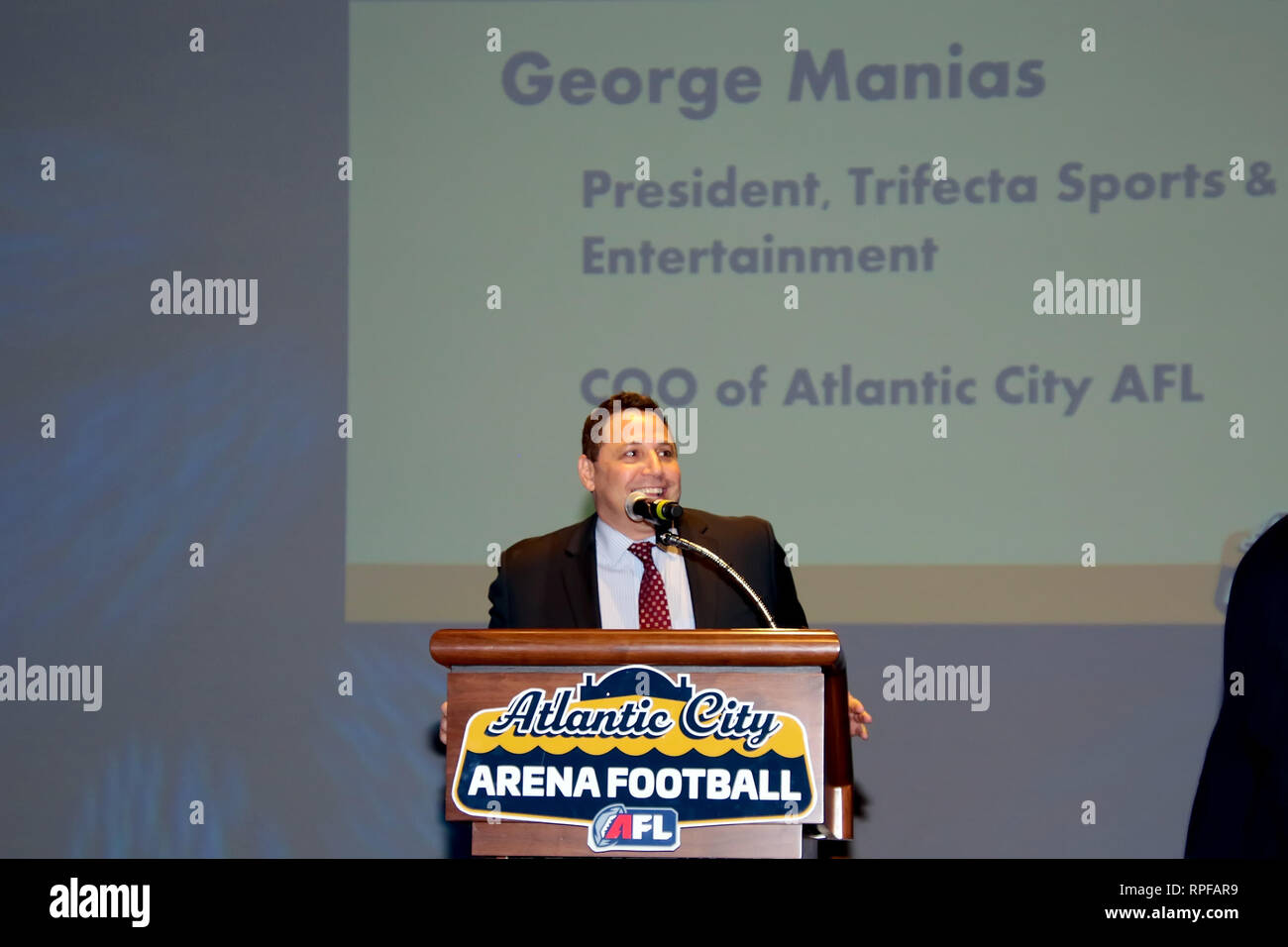 February 21, 2019 - George Manias, Owner, Ownership Group, Trifecta Sport and Entertainment and COO of Atlantic City AFL was elated to speak about the new Atlantic City Arena Football Team at the Boardwalk Hall Press Conference on February 21, 2019 in Atlantic City, NJ (Credit Image: © Donald KravitzZUMA Wire) Stock Photo