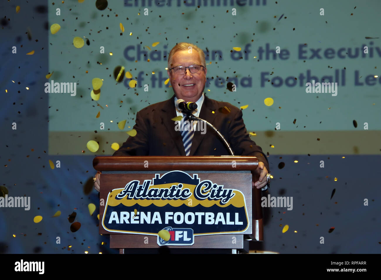 February 21, 2019 - Ron Jaworski, Owner, Ownership Group, Trifecta Sport and Entertainment and AFL Executive Chair was elated to speak about the new Atlantic City Arena Football Team at the Boardwalk Hall Press Conference on February 21, 2019 in Atlantic City, NJ (Credit Image: © Donald KravitzZUMA Wire) Stock Photo