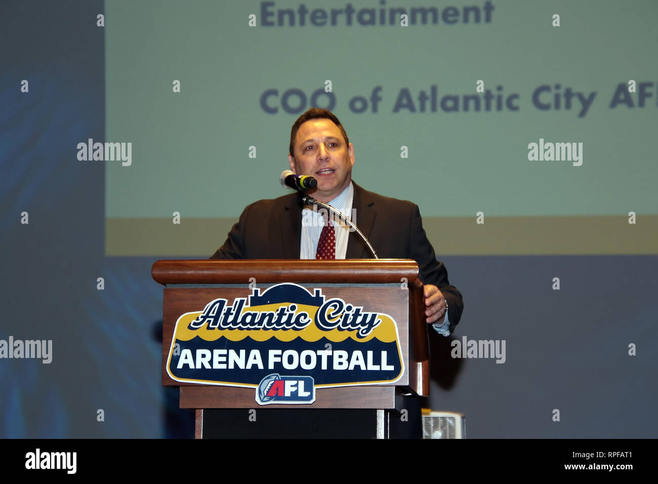 February 21, 2019 - George Manias, Owner, Ownership Group, Trifecta Sport and Entertainment and COO of Atlantic City AFL was elated to speak about the new Atlantic City Arena Football Team at the Boardwalk Hall Press Conference on February 21, 2019 in Atlantic City, NJ (Credit Image: © Donald KravitzZUMA Wire) Stock Photo