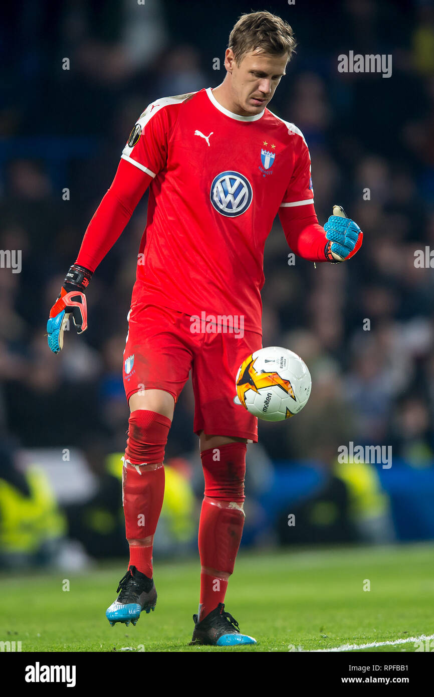 London, UK. 21st Feb, 2019. Johan Dahlin of Malmo FF during the UEFA Europa  League round of 32 match between Chelsea and Malmo FF at Stamford Bridge,  London, England on 21 February