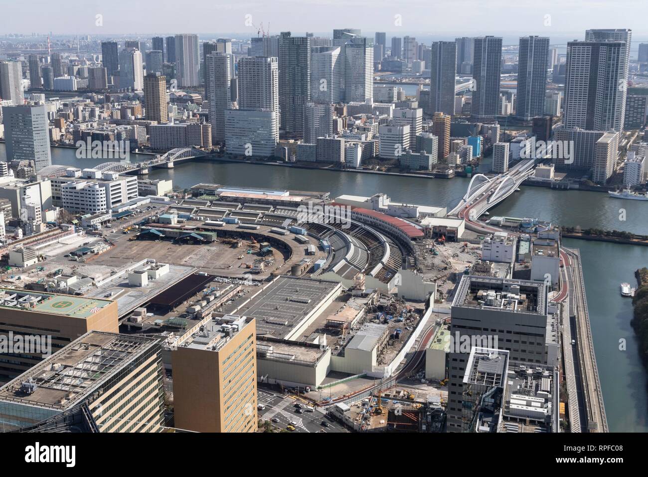 Overhead view of Tokyo's Tsukiji Wholesale Fish Market under demolition ...