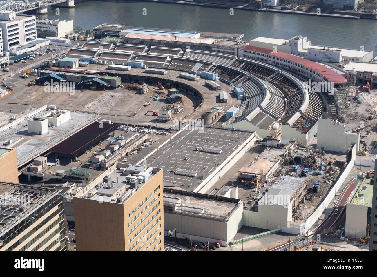 Overhead view of Tokyo's Tsukiji Wholesale Fish Market under demolition ...