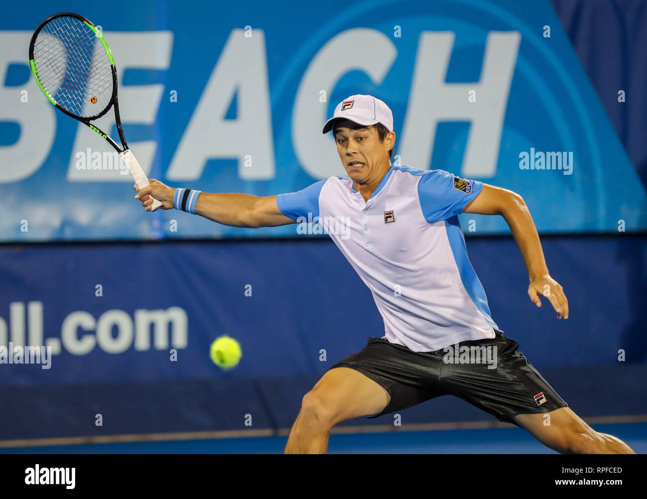 Delray Beach open, Florida, USA. February 2l, 2019: Mackenzie McDonald, of  the United States, runs for the ball during a quarterfinal round against  Guillermo Garcia-Lopez, of Spain, at the 2019 Delray Beach