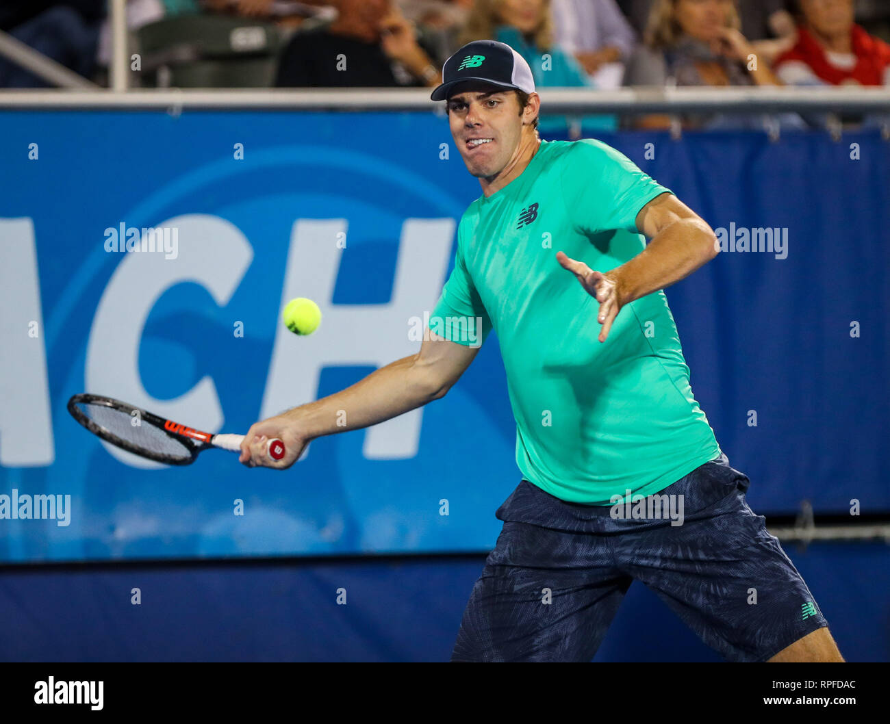 February 22, 2018: Frances Tiafoe, from USA, plays a backhand against Juan  Martin del Potro, from Argentina, during the 2018 Delray Beach Open ATP  professional tennis tournament, played at the Delray Beach