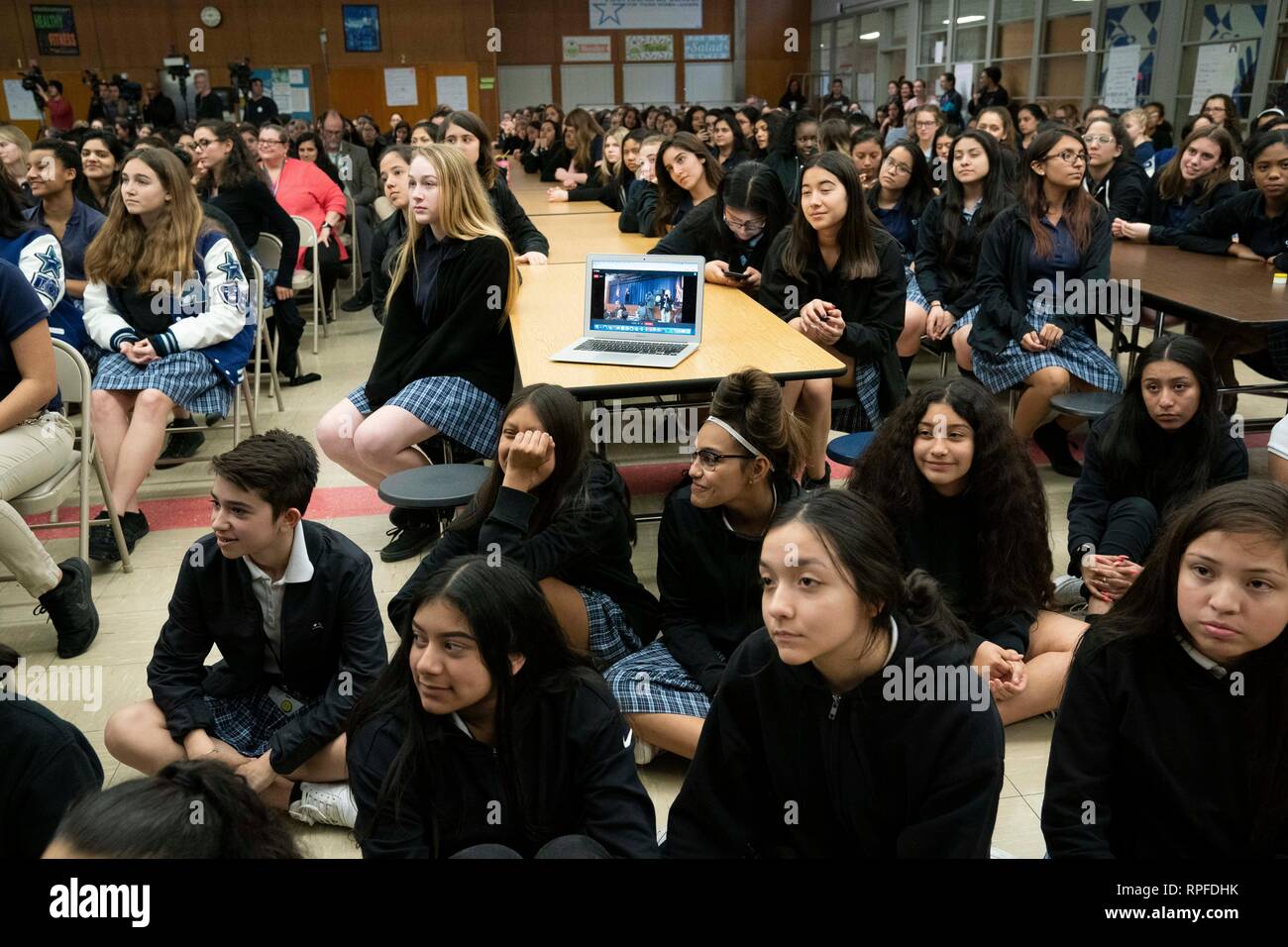 Students at  the Ann Richards School for Young Women Leaders listen to a talk by United States Senator Kirsten Gillibrand, a Democrat from New York, during an assembly at the school in Austin. Gillibrand, 52, announced her bid for the 2020 Democratic presidential nomination in January 2019. Stock Photo