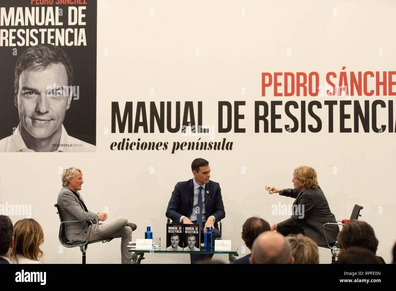 The President of the Government, Pedro Sánchez(C), this afternoon presented his book Manual of Resistance (Península Editorial) at the Intercontinental Hotel in Madrid, in a debate moderated by television presenters Mercedes Milá(r) and Jesús Calleja(L).  Cordon Press Stock Photo
