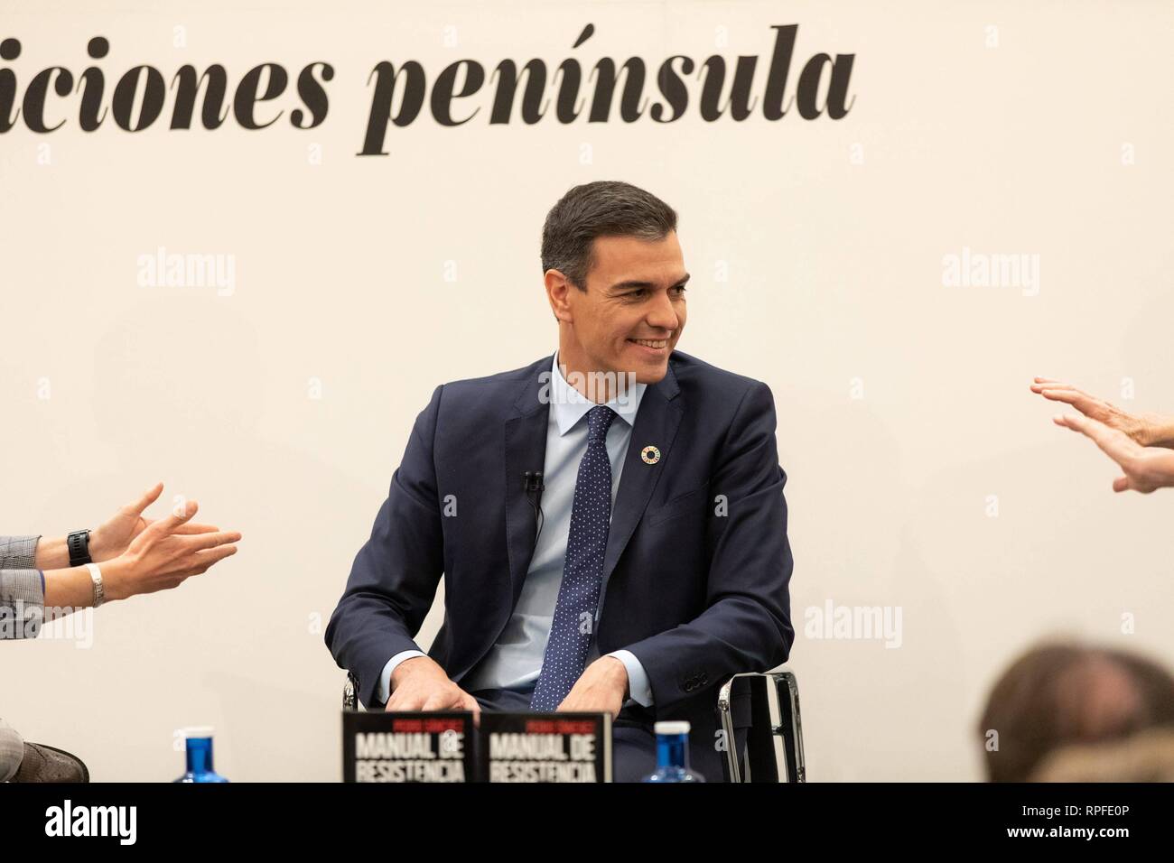 The President of the Government, Pedro Sánchez, this afternoon presented his book Manual of Resistance (Península Editorial) at the Intercontinental Hotel in Madrid, in a debate moderated by television presenters Mercedes Milá and Jesús Calleja.  Cordon Press Stock Photo