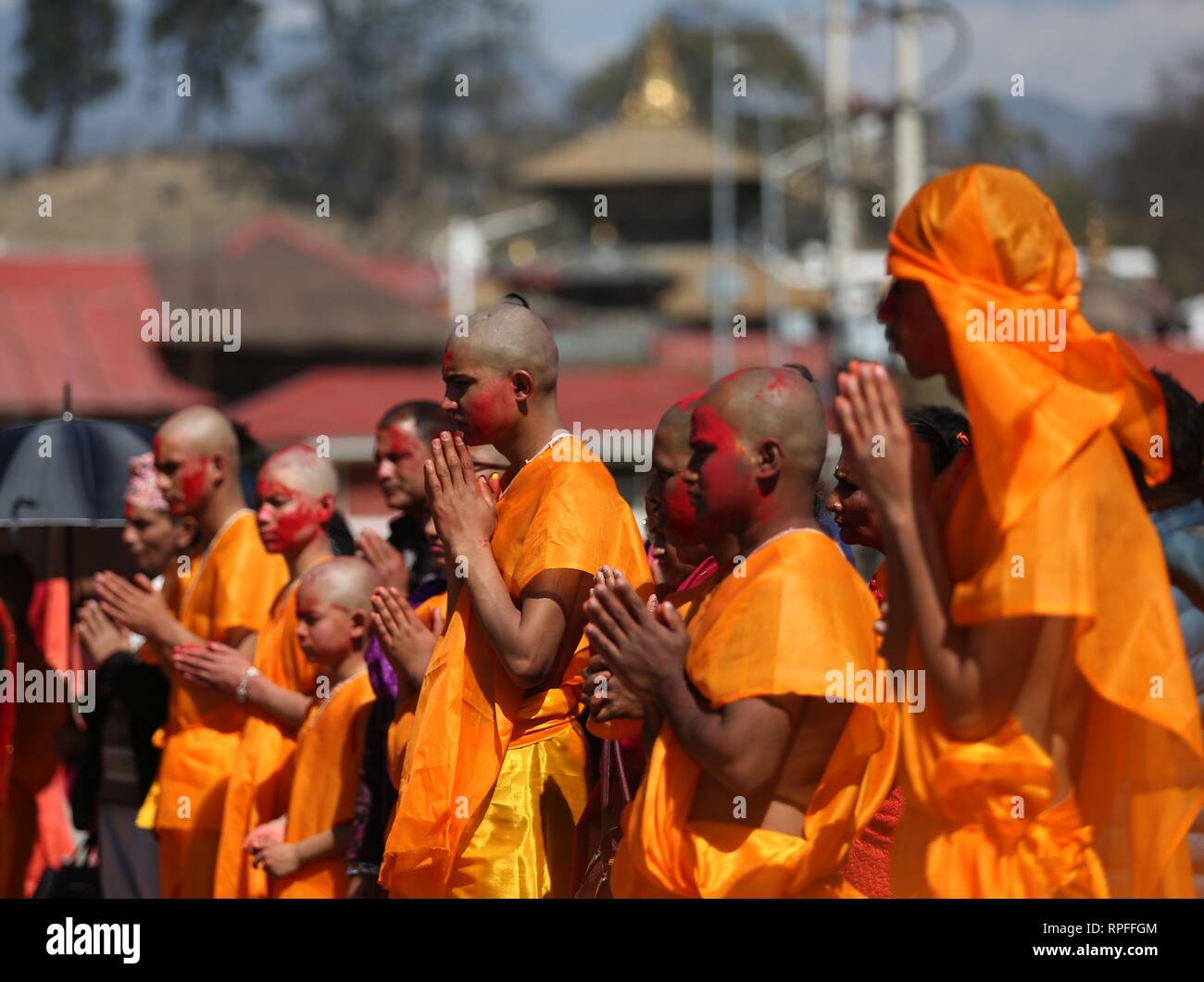 Kathmandu, Nepal. 21st Feb, 2019. Hindu boys attend a religious ritual