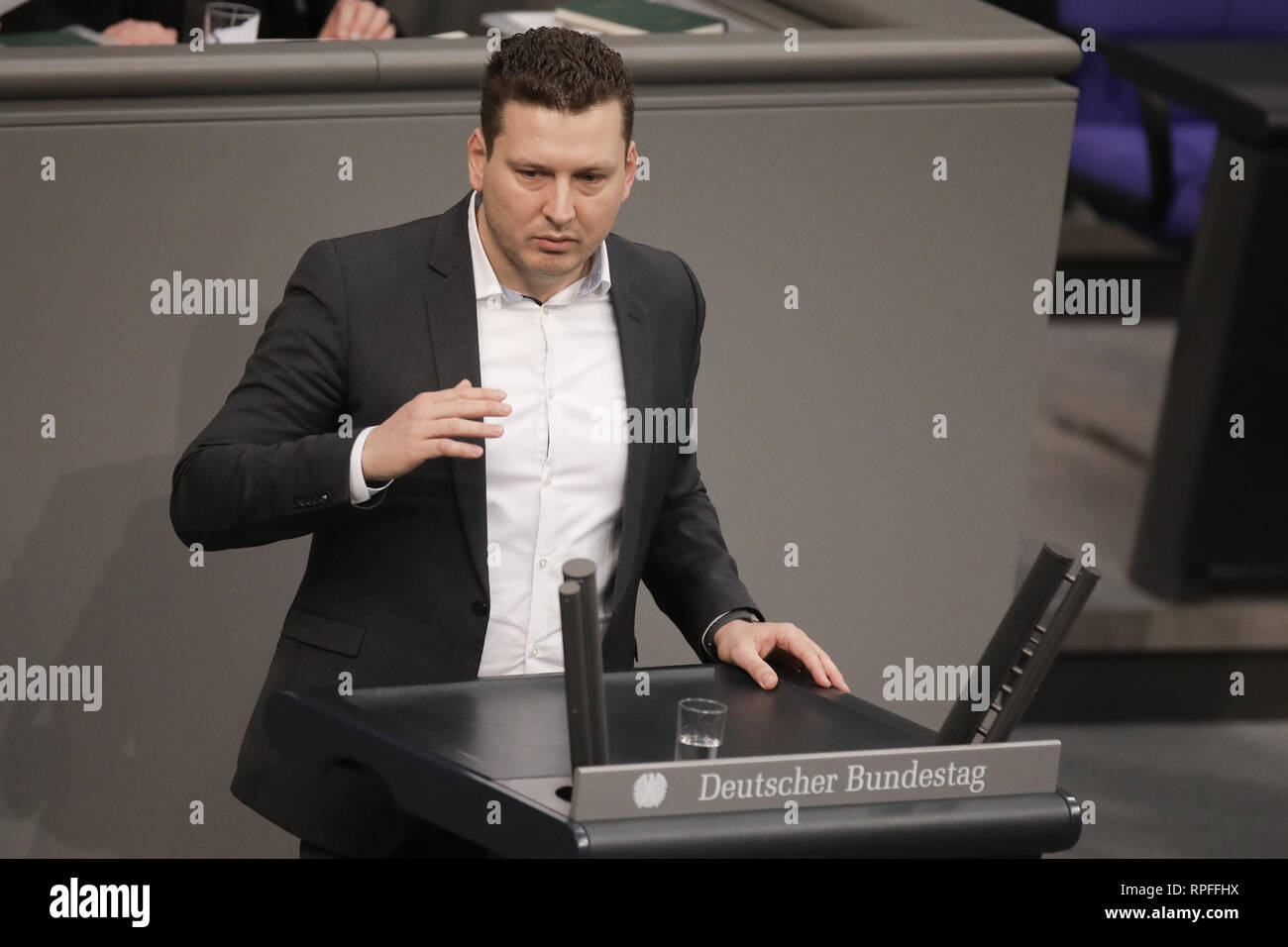 Berlin, Germany. 22nd Feb, 2019. Mario Brandenburg of the FDP speaks at the 84th session of the German Bundestag on the framework programme 'Health Research'. Credit: Jörg Carstensen/dpa/Alamy Live News Stock Photo