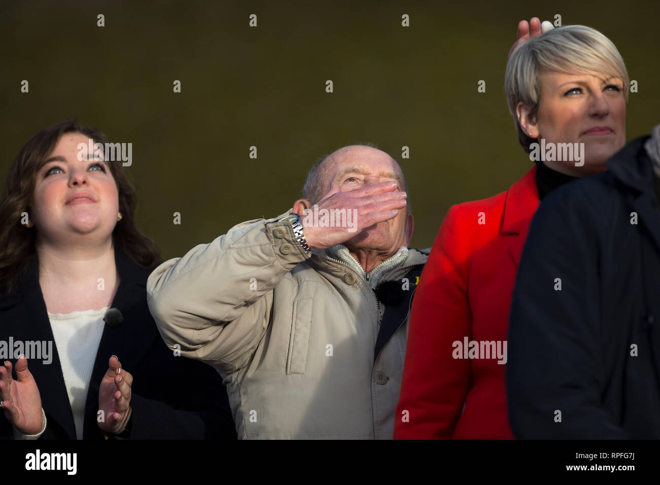 Sheffield, South Yorkshire, UK. 22nd Feb, 2019. Tony Foulds waves and in tears during the Mi Amigo flypast at Endcliffe Park, Photograph by Credit: Richard Holmes/Alamy Live News Stock Photo