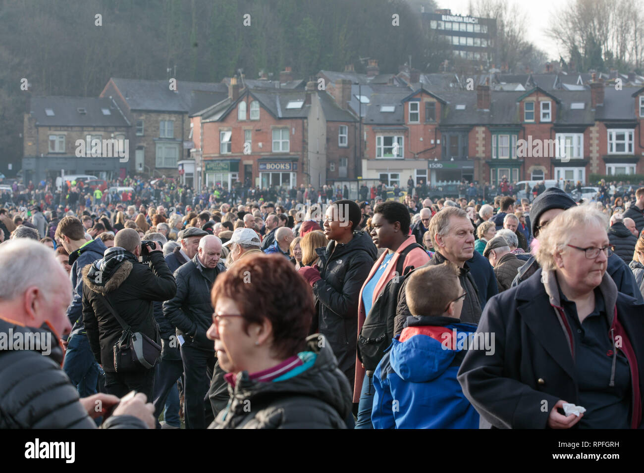 Mi Amigo 75th anniversary, Endcliffe Park, Sheffield, Yorkshire, England. February 22nd 2019. Thousands of people gather in the city's Endcliffe Park to honour the 10 man crew of the B-17 flying fortress, 'Mi Amigo', which crashed there 75 years ago. The plane was hit during a bombing raid over Denmark. It limped back to England, but crashed killing the entire crew, when the pilot deliberately ditched in a wooded area beside the park in order to avoid children who were playing there. A service was held, followed by a fly-past of British and  US aircraft. Copyright Ian Wray/Alamy Live news Stock Photo