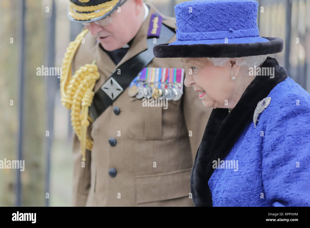 Wellington Barracks, London, UK. 22nd Feb, 2019. Her Majesty The Queen, Patron of The Royal Army Chaplains’ Department, attending a service to celebrate the centenary of the granting by King George V of the prefix ‘Royal’ to the department, at The Guards’ Chapel, Wellington Barracks. Friday 22nd February, 2019. Credit: amanda rose/Alamy Live News Stock Photo