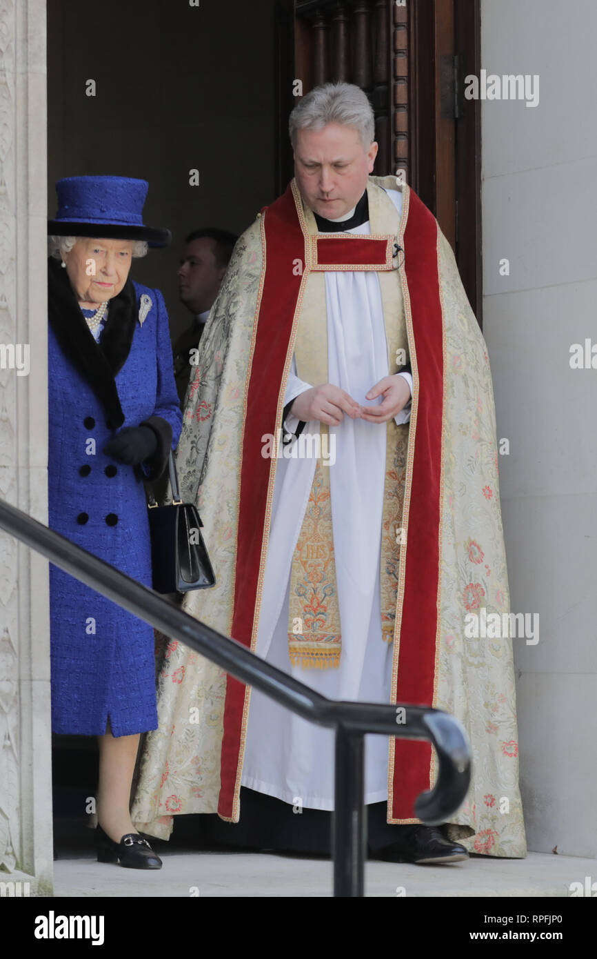 Wellington Barracks, London, UK. 22nd Feb, 2019.Her Majesty The Queen, Patron of The Royal Army Chaplains’ Department, leaving The Guards’ Chapel, Wellington Barracks, with The Revd Stephen Dunwoody CF, Senior Chaplain Household Division and London District. Friday 22nd February, 2019. Credit: amanda rose/Alamy Live News Stock Photo