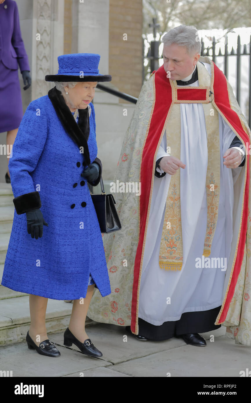 Wellington Barracks, London, UK. 22nd Feb, 2019.Her Majesty The Queen, Patron of The Royal Army Chaplains’ Department, leaving The Guards’ Chapel, Wellington Barracks, with The Revd Stephen Dunwoody CF, Senior Chaplain Household Division and London District. Friday 22nd February, 2019. Credit: amanda rose/Alamy Live News Stock Photo