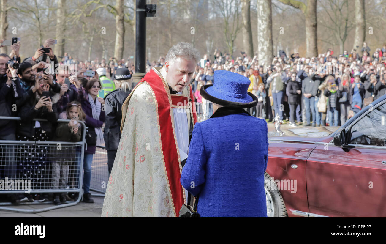 Wellington Barracks, London, UK. 22nd Feb, 2019.Crowds gather to see Her Majesty The Queen, Patron of The Royal Army Chaplains’ Department, leaving The Guards’ Chapel, Wellington Barracks, with The Revd Stephen Dunwoody CF, Senior Chaplain Household Division and London District. Friday 22nd February, 2019. Credit: amanda rose/Alamy Live News Stock Photo