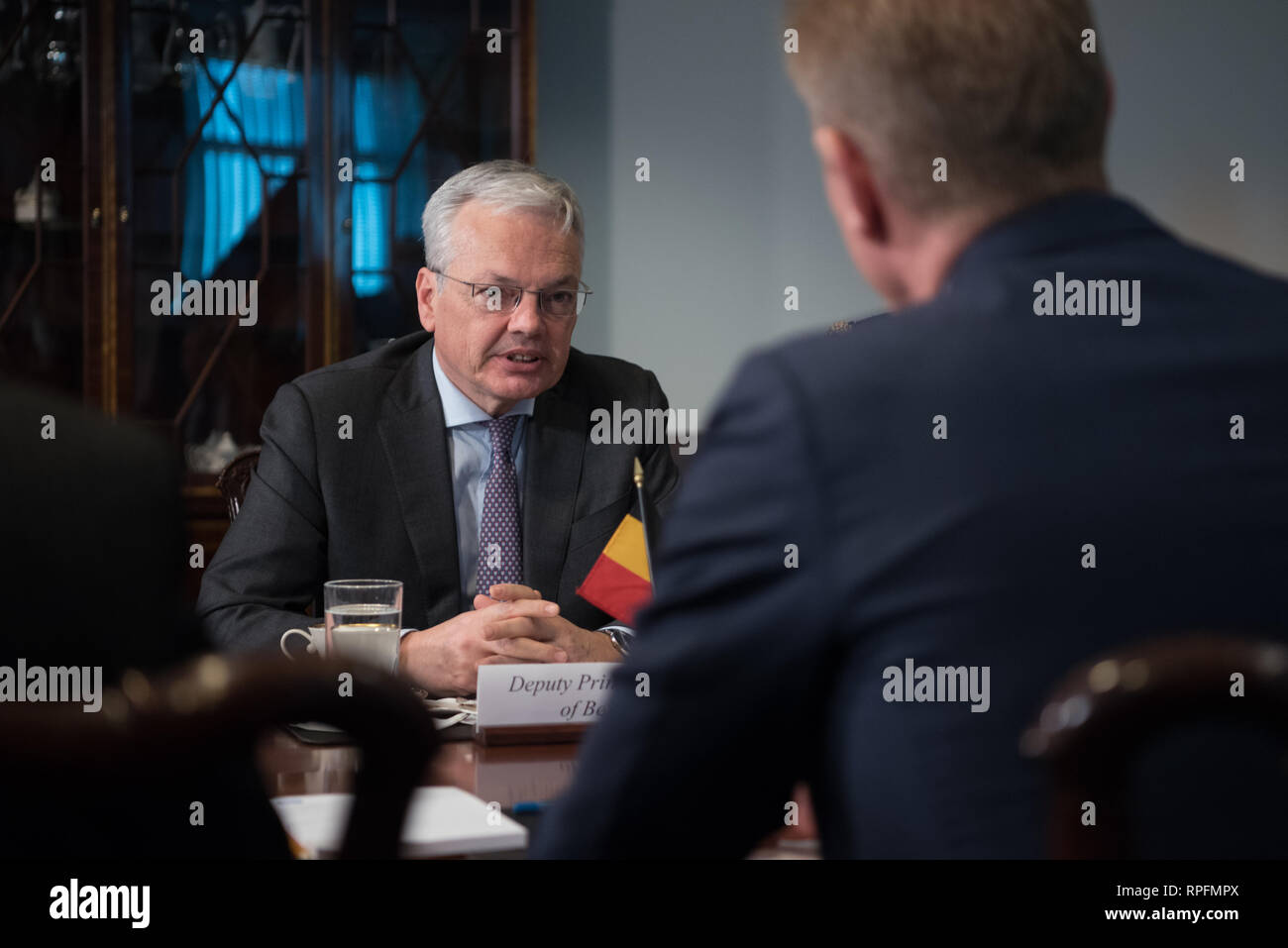 Belgian Minister of Defence Didier Reynders during a meeting with U.S. Acting Secretary of Defense Patrick Shanahan at the Pentagon February 21, 2019 in Arlington, Virginia. Stock Photo