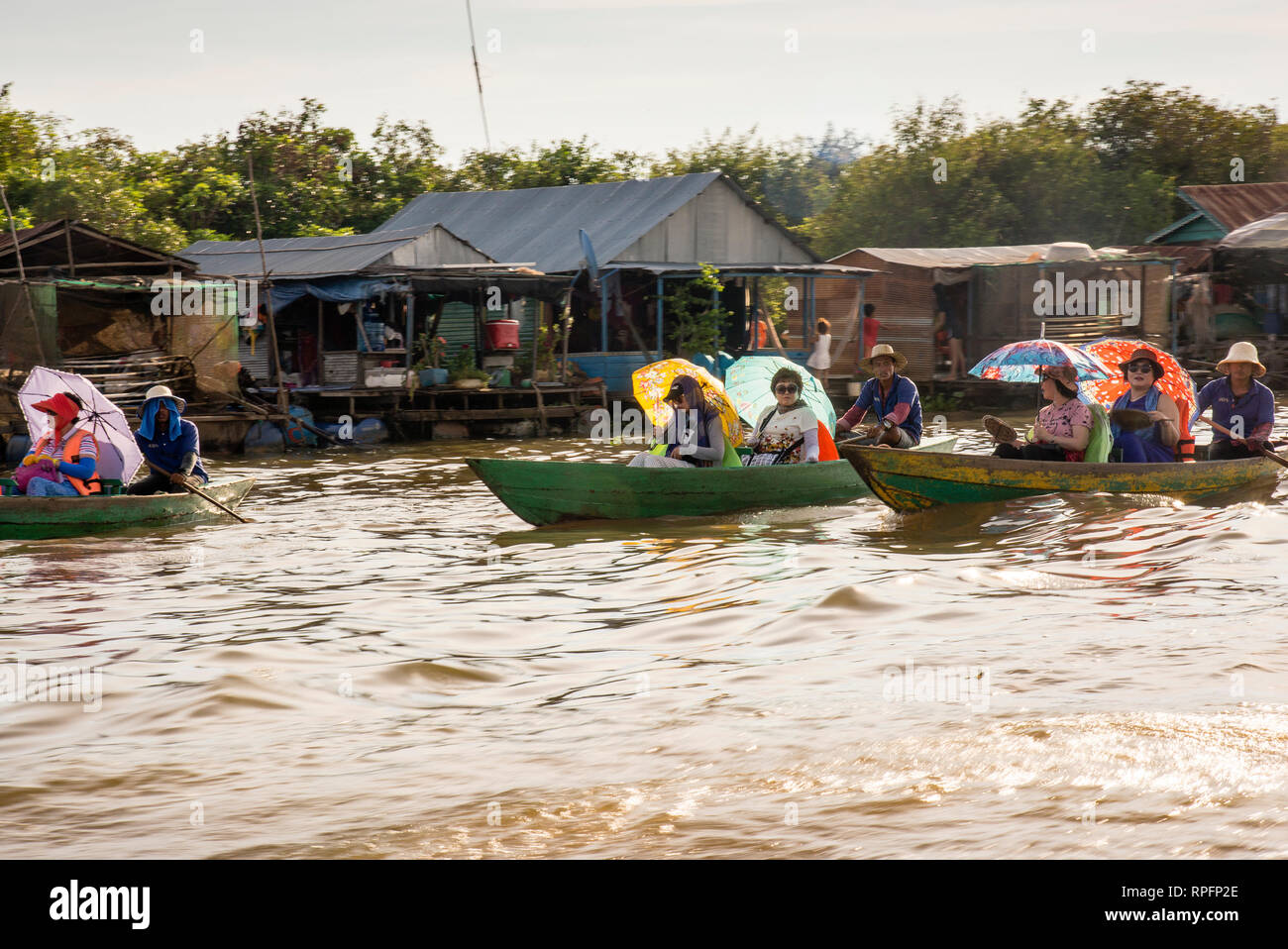 Tonle Sap Lake in Cambodia is home to thousands of Vietnamese Cambodians without a country living off subsistence fishing in floating villages. Stock Photo