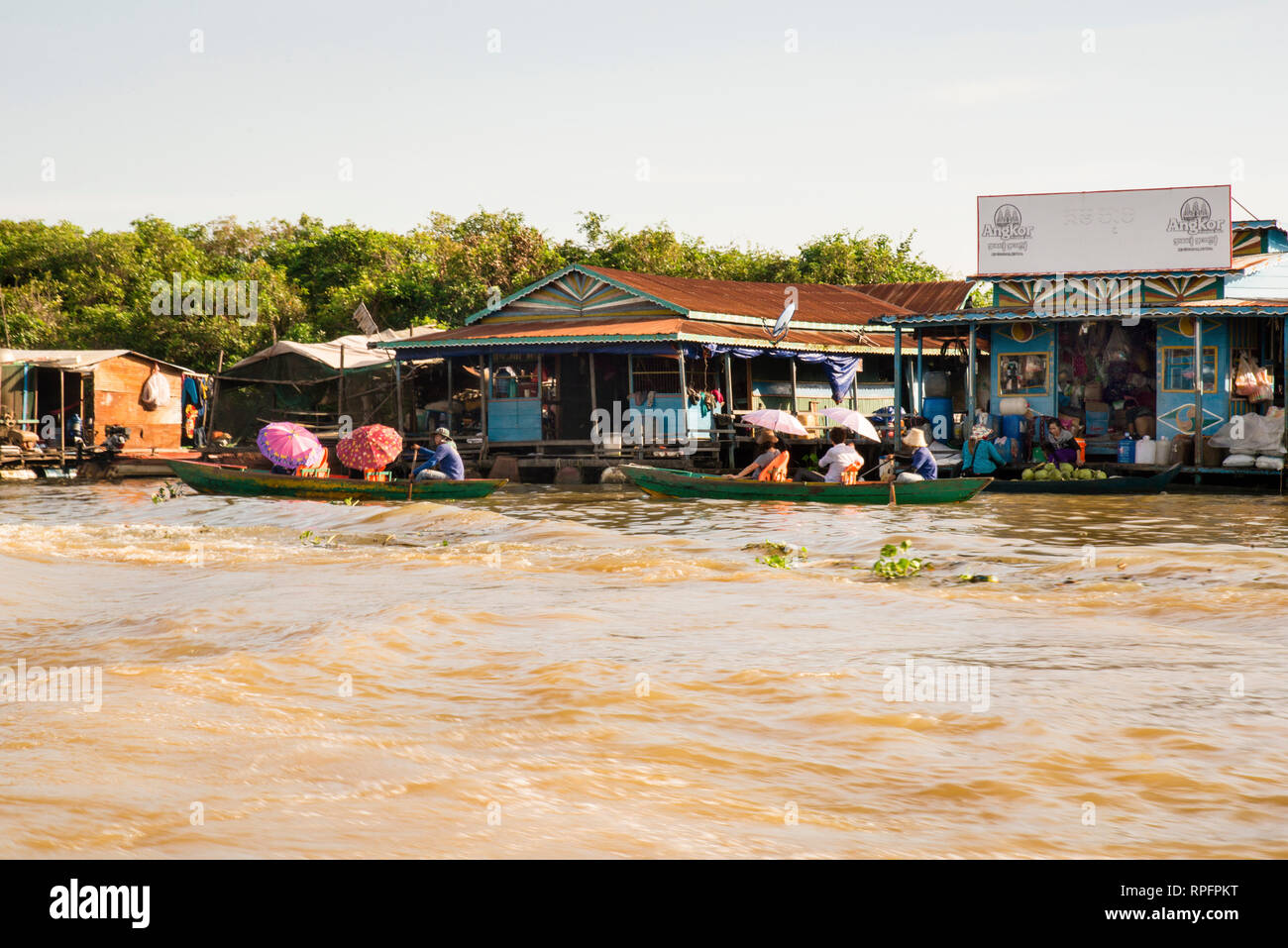 Floating village in Cambodia on the Tonle Sap Lake, the largest lake in Southeast Asia. Stock Photo