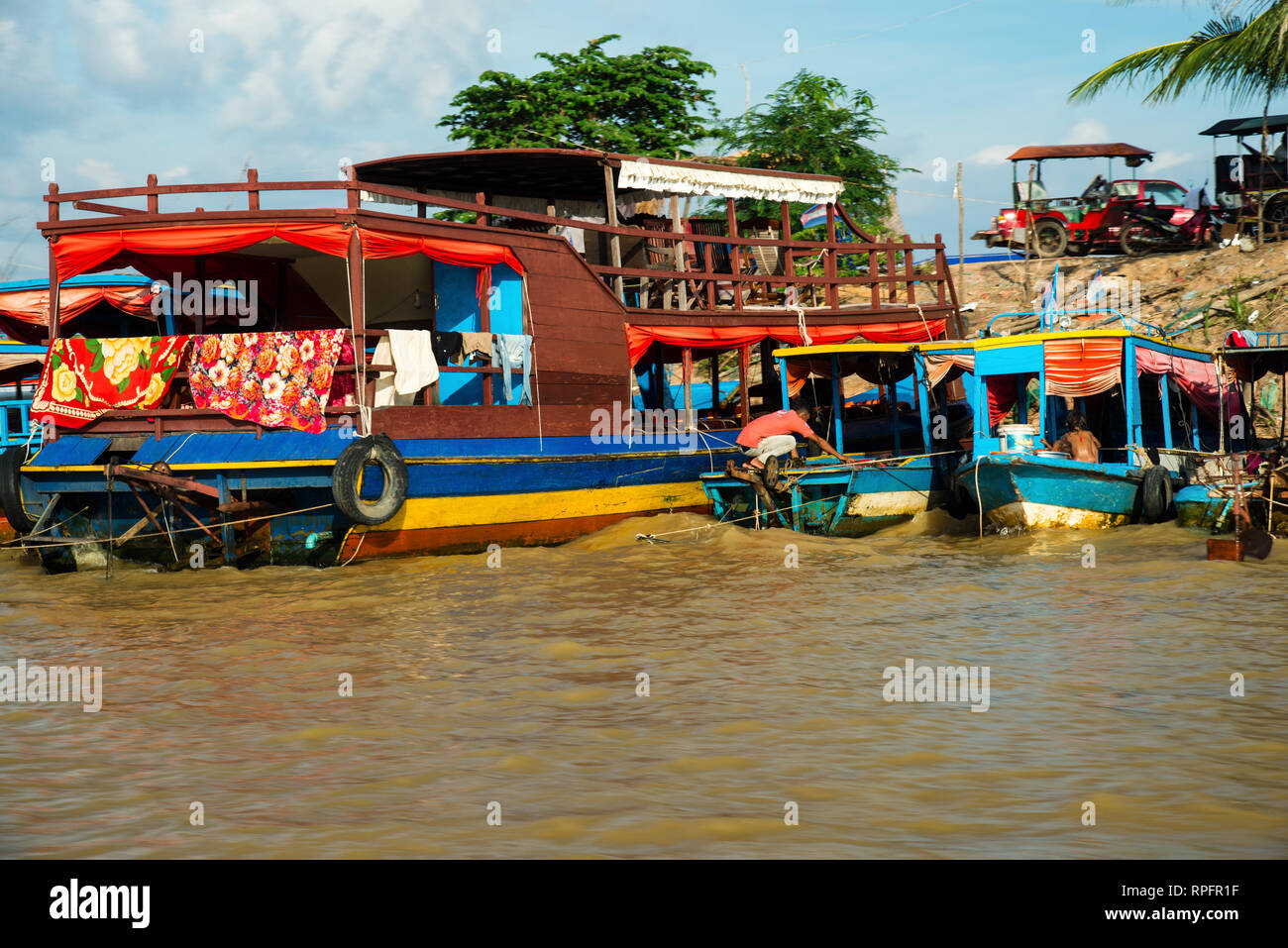 Colorful boats on the Tonle Sap Lake in Siem Reap, Cambodia. Stock Photo