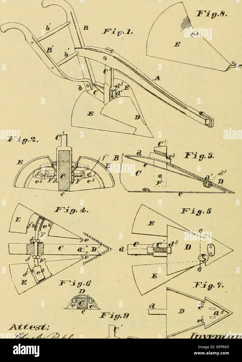 . Allen's digest of plows, with attachments, patented in the United States from A.D. 1789 to January 1883 ... Plows; Patents.  -, , ^ IBVENTOR;/ (Ho Model ) J, H FELDMANN SHOVEL PLOW. No. 269,515. Patented June 13, 1882,. ^^^&gt;yV/^- C. L. MOSS. PLOW. J. LAWRIE. SHOVEL FLOW. 2 SbeatB—Bbeet 1 No. 259,900. Patented June 20, 1882 No. 261,001 Patented July 11, 1882.. Please note that these images are extracted from scanned page images that may have been digitally enhanced for readability - coloration and appearance of these illustrations may not perfectly resemble the original work.. Allen, James Stock Photo