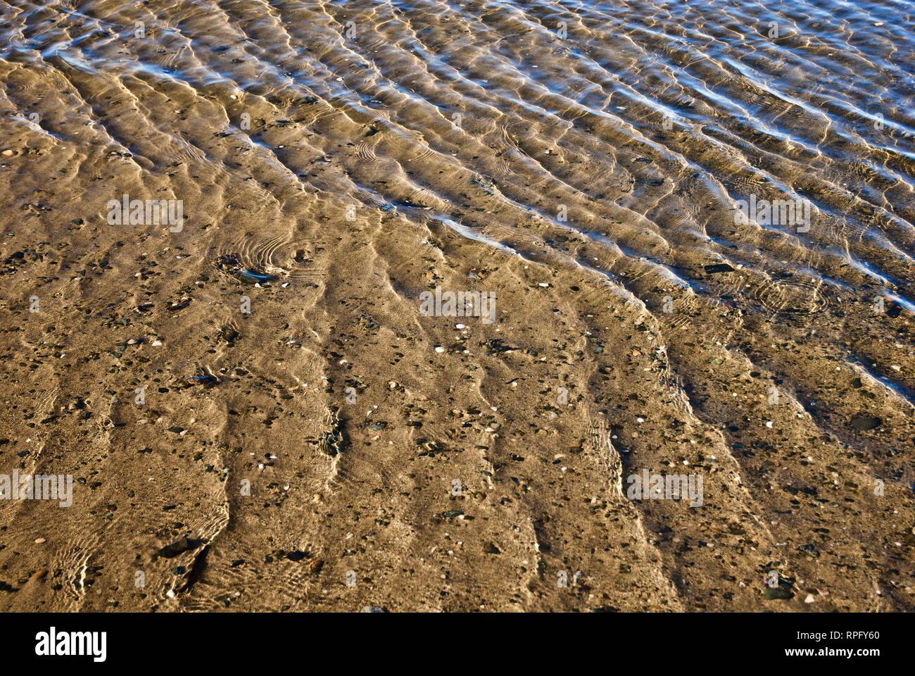 Sea water makes undulating abstract patterns and shapes in brilliant sunshine as it ripples and washes over a sandy beach Stock Photo