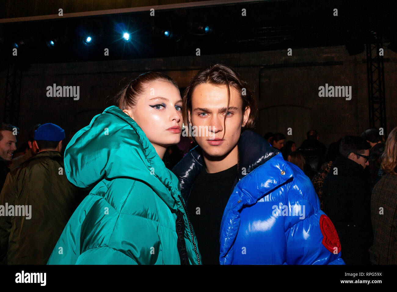 Milan, Italy. 20th Feb, 2019. Saul Nanni and Beatrice Vendramin seen  outside Moncler Show during Milan Fashion Week Autumn/Winter 2019/20  Credit: Alessandro Bremec/Pacific Press/Alamy Live News Stock Photo - Alamy