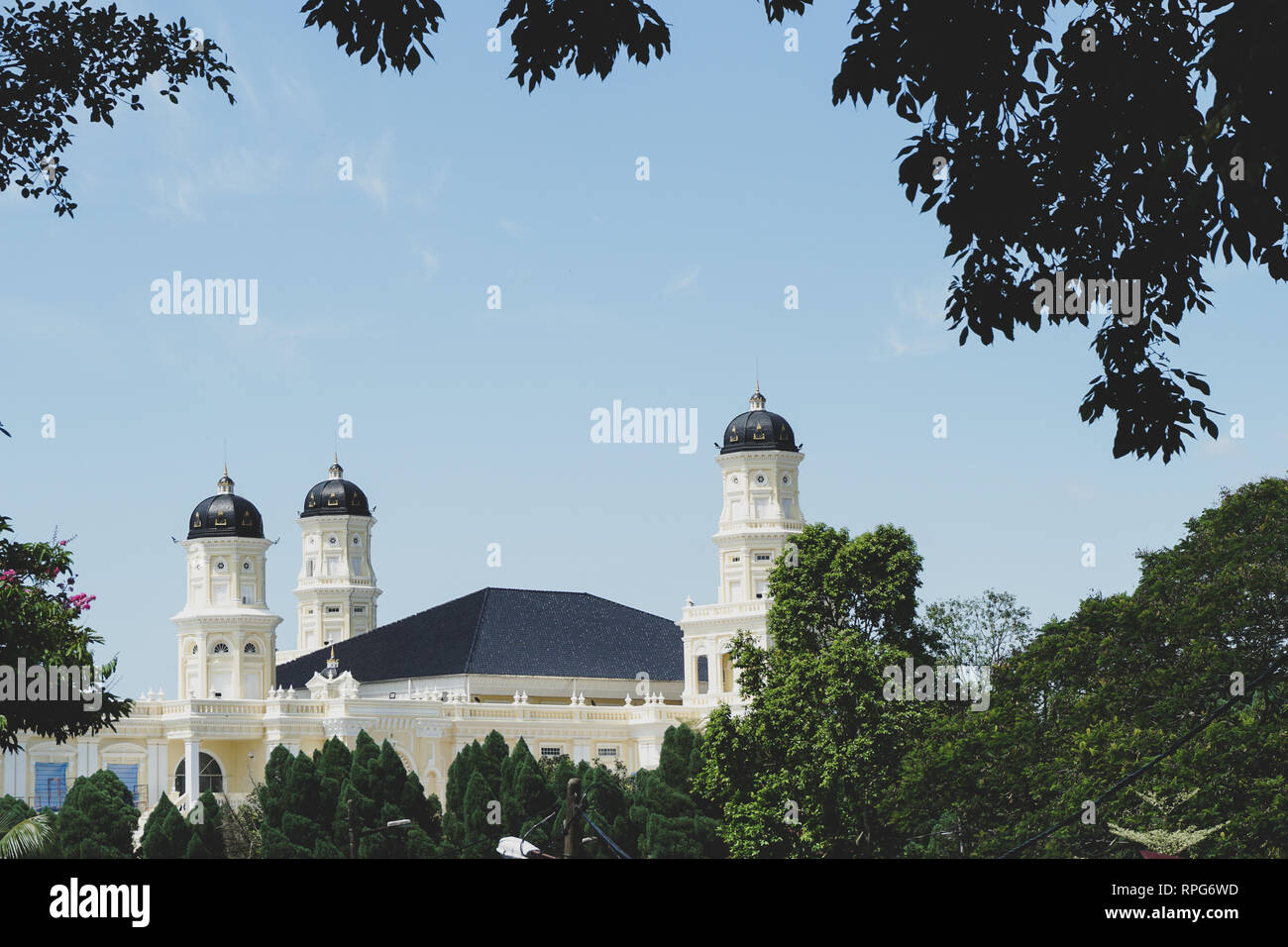 Exterior of the Sultan Abu Bakar Mosque in Johor Bahru, Malaysia 
