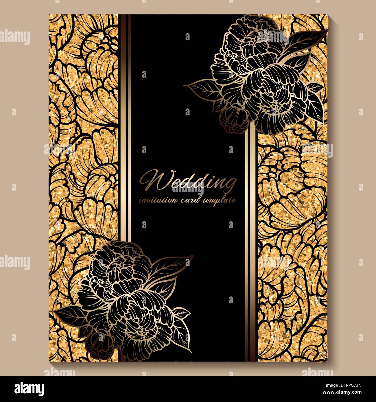 Antique royal luxury wedding invitation card, golden glitter background  with frame and place for text, black lacy foliage made of roses or peonies  Stock Vector Image & Art - Alamy