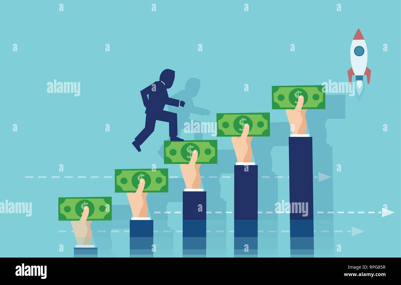 Venture capital and startup concept. Vector of a businessman climbing up the stairs made of hands holding money. Stock Vector