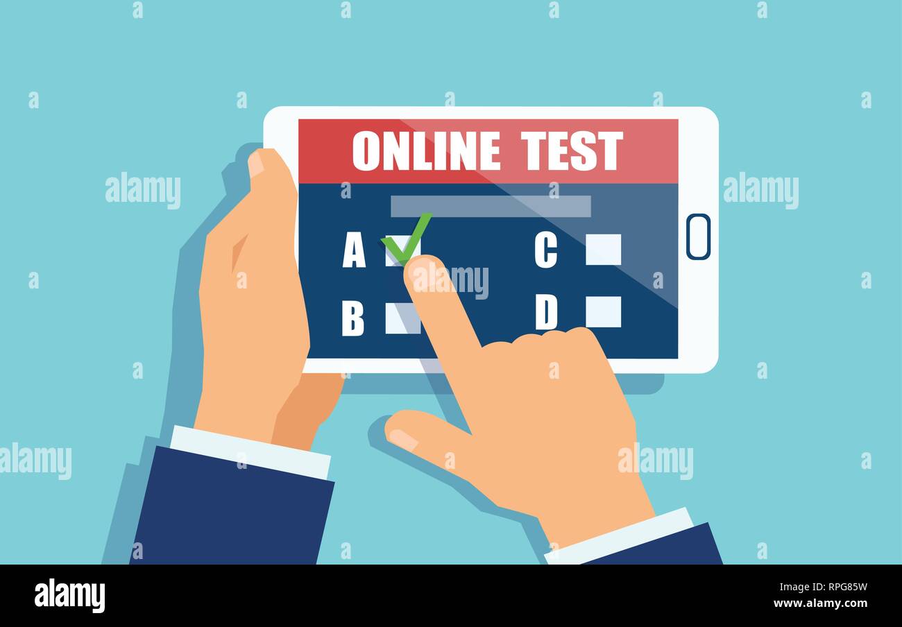 Vector of a man holding a tablet in hands, taking part in online survey. Quiz on mobile device concept. Stock Vector