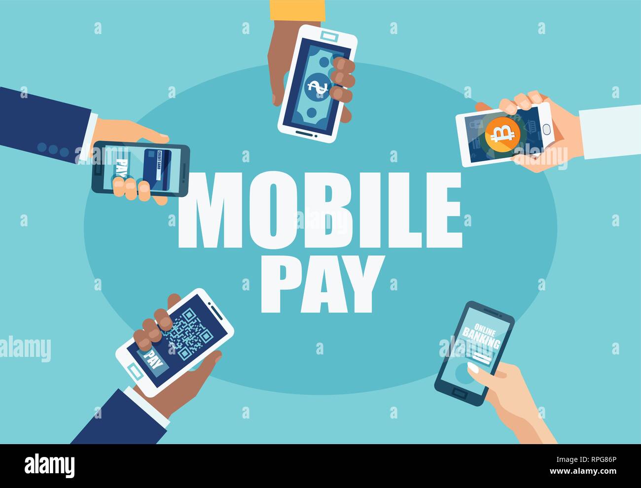 Vector of hands holding smartphones using various mobile payment options to make a payment Stock Vector