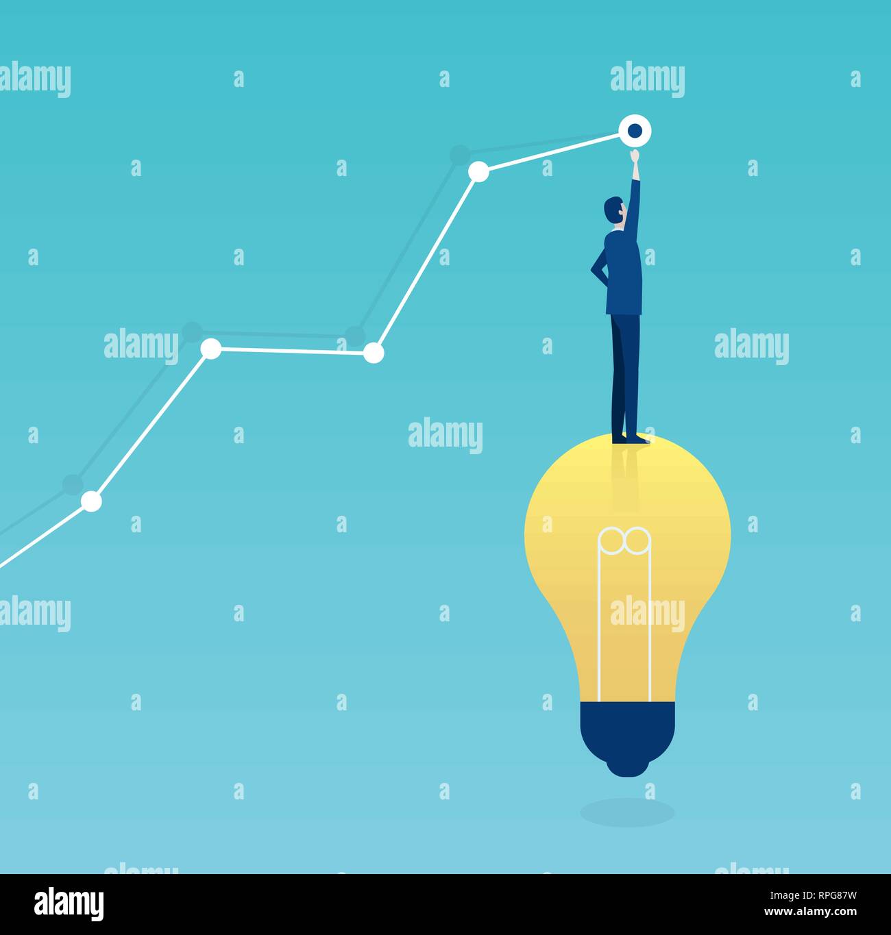 Smart investment concept. Vector of a successful business man standing on a bright light bulb drawing a growing up graph Stock Vector