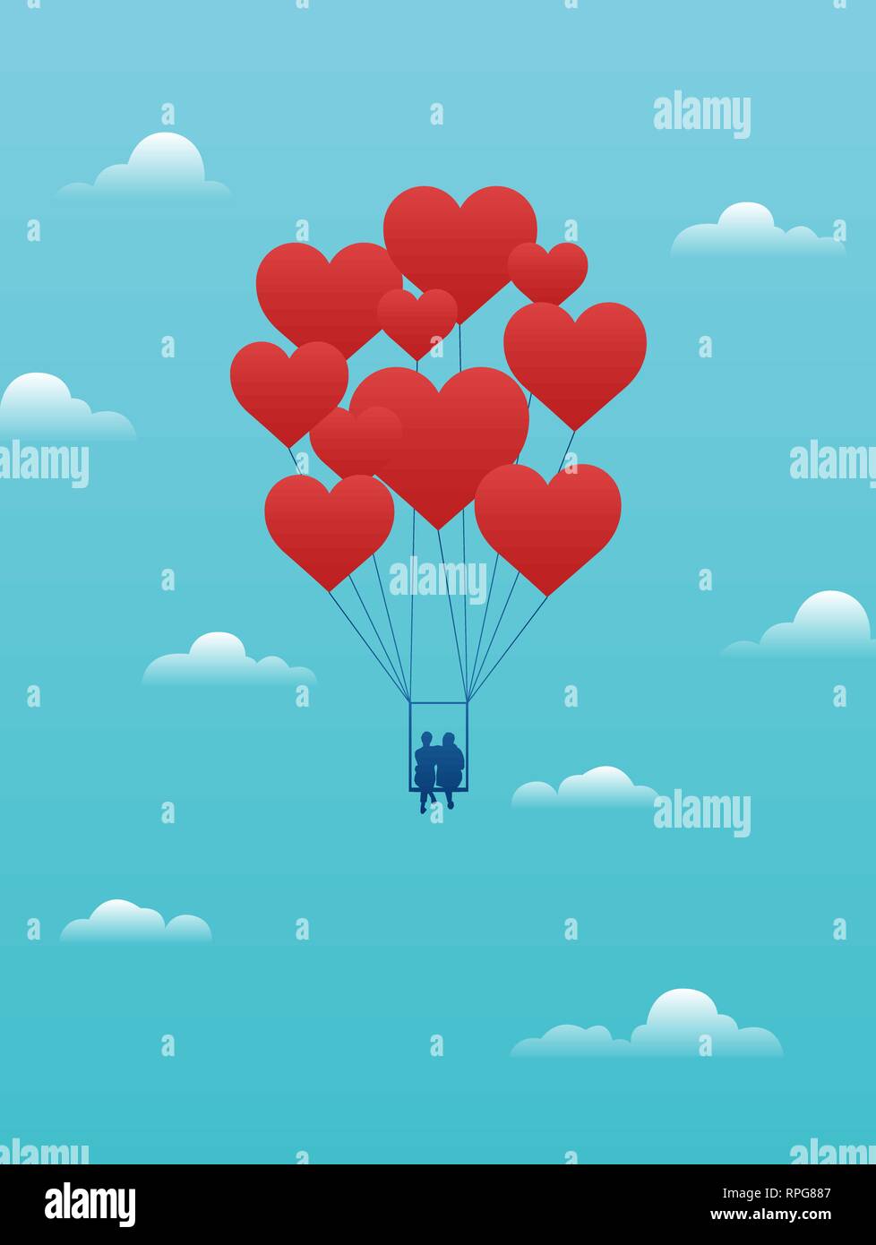 Vector valentine day card with couple on swing carried away by red heart balloons. Stock Vector