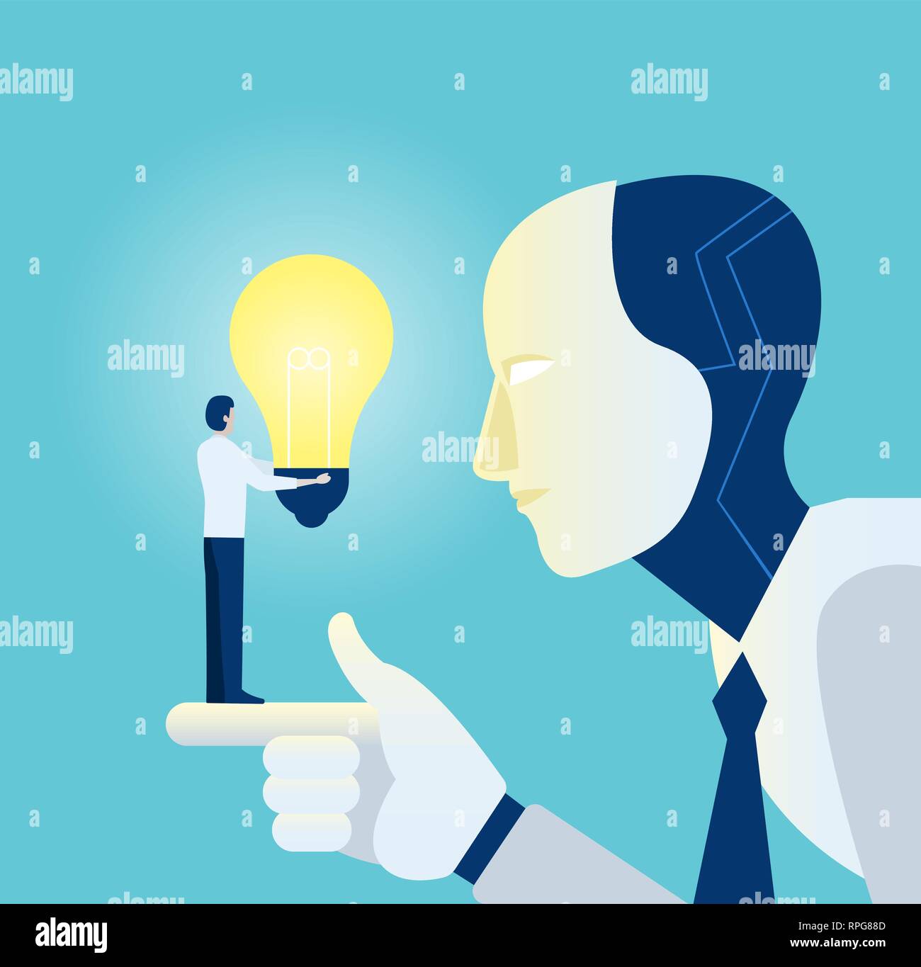 Automatization new technology implementation concept. Vector of a robot learning from a businessman with bright idea light bulb Stock Vector