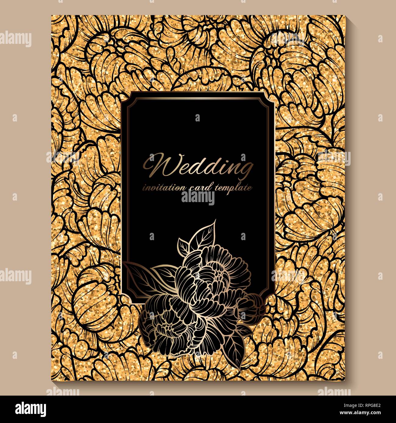Antique royal luxury wedding invitation card, golden glitter background  with frame and place for text, black lacy foliage made of roses or peonies  Stock Vector Image & Art - Alamy