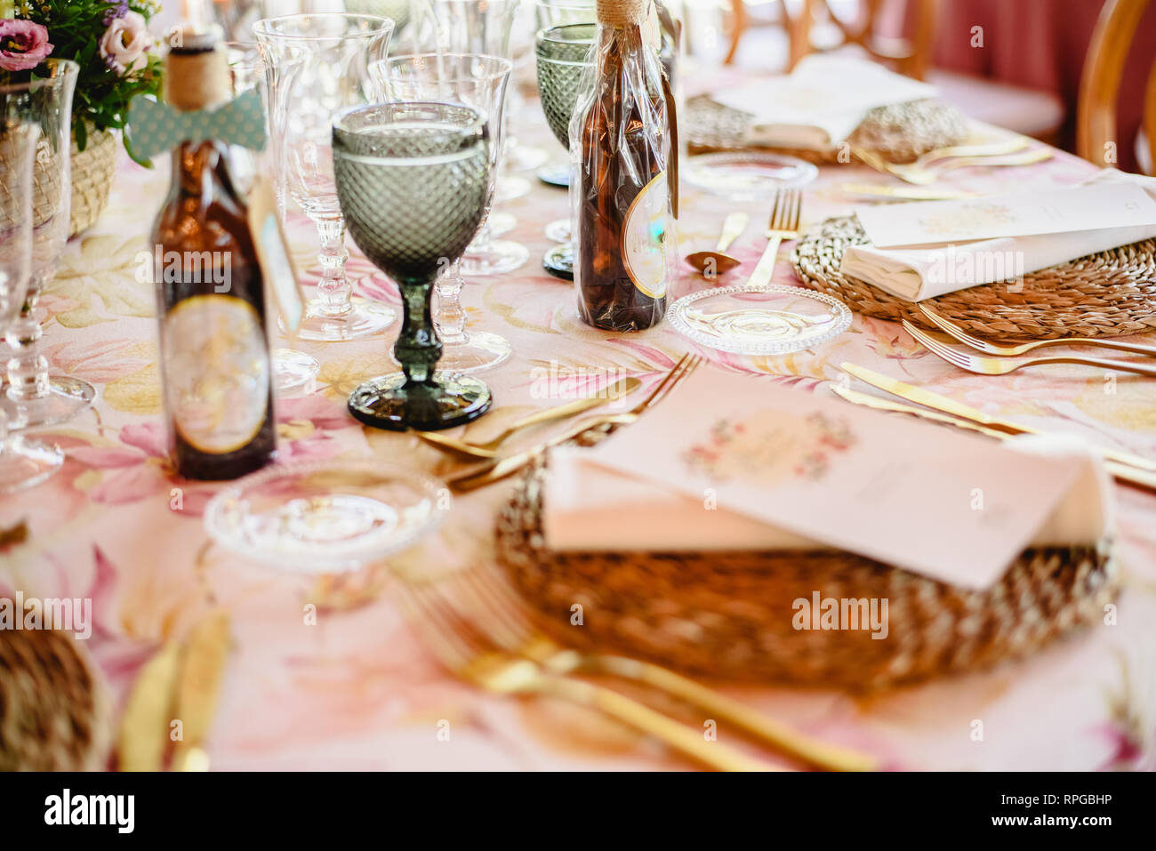Outdoor Tables For An Elegantly Decorated Wedding Reception With Lovely Floral Centerpieces And Vintage Style Tableware And Cutlery Stock Photo Alamy