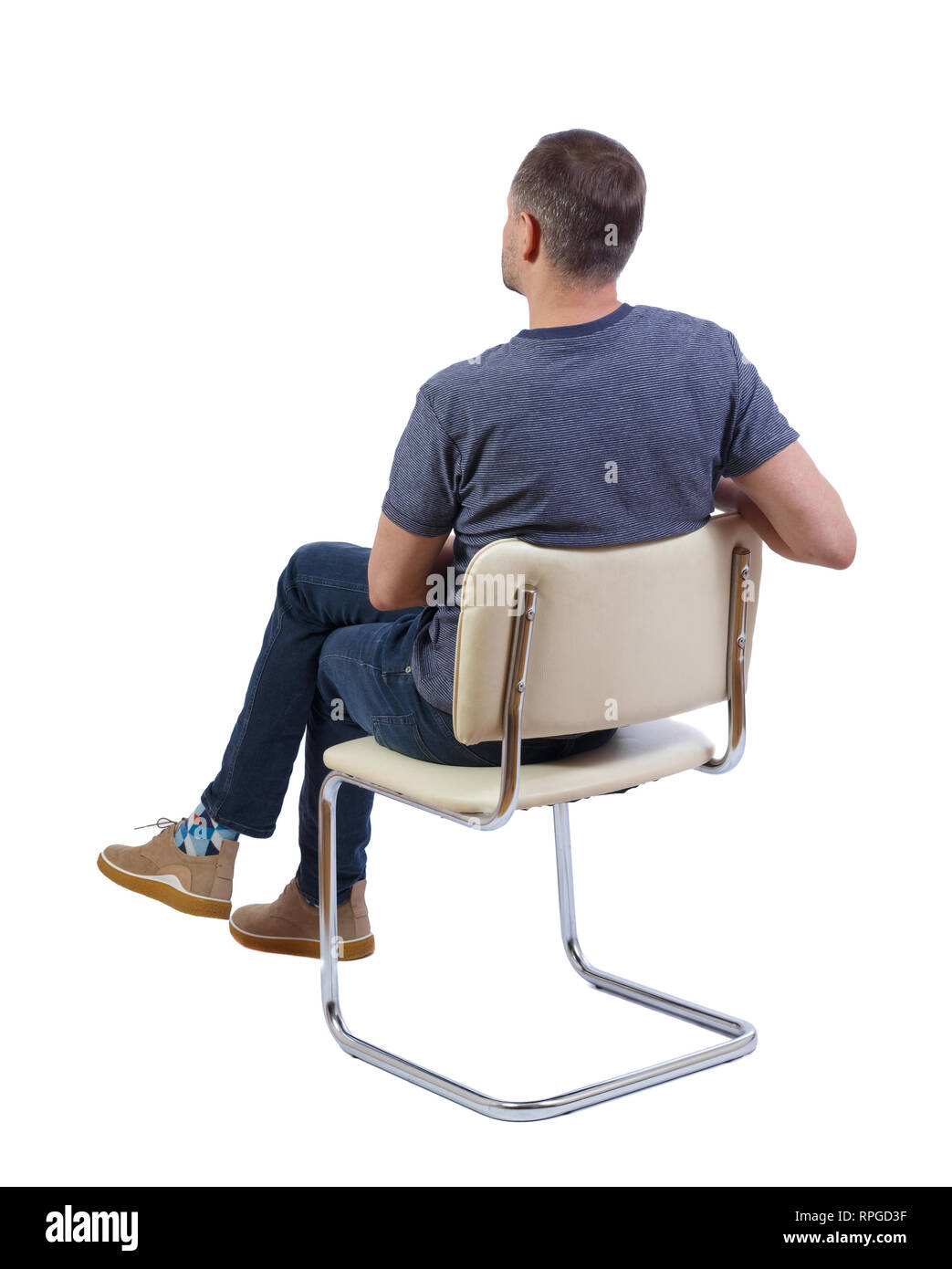 Back view of a man sitting on a chair. Rear view people collection.  backside view of person. Isolated over white background. The man in the  chair is Stock Photo - Alamy