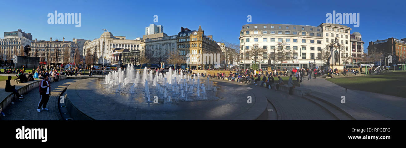 Piccadilly Gardens Manchester, panorama, fountains and architecture, wide image, Lancashire, England, UK Stock Photo
