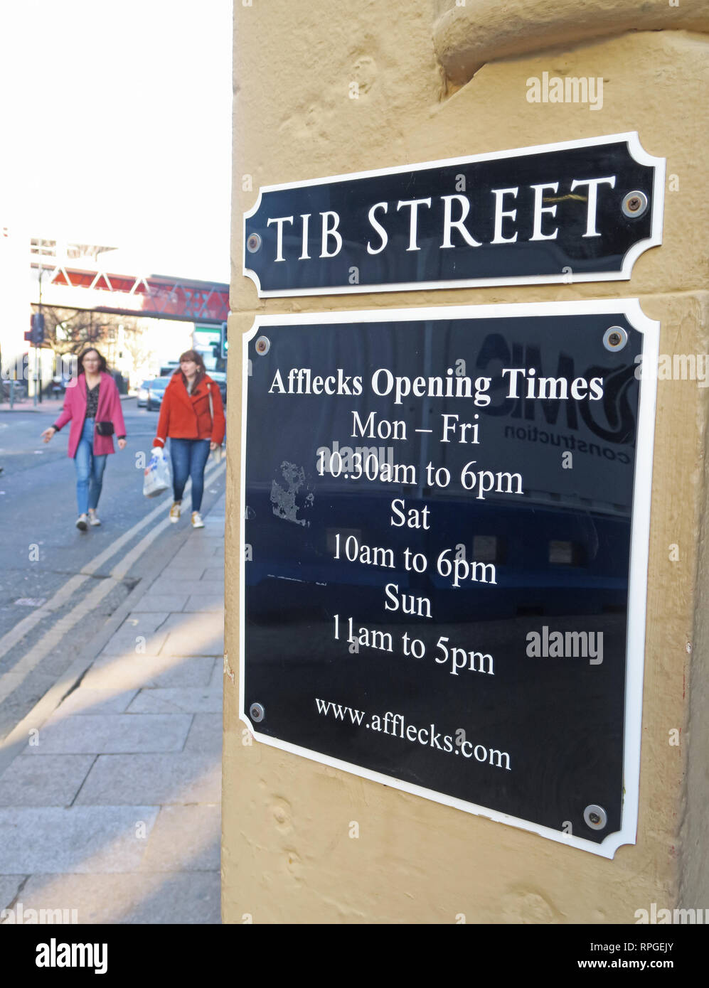 Tib Street entrance, Afflecks Palace entrance, opening hours, Manchester Northern Quarter, 52 Church St, Manchester, UK, M4 1PW Stock Photo