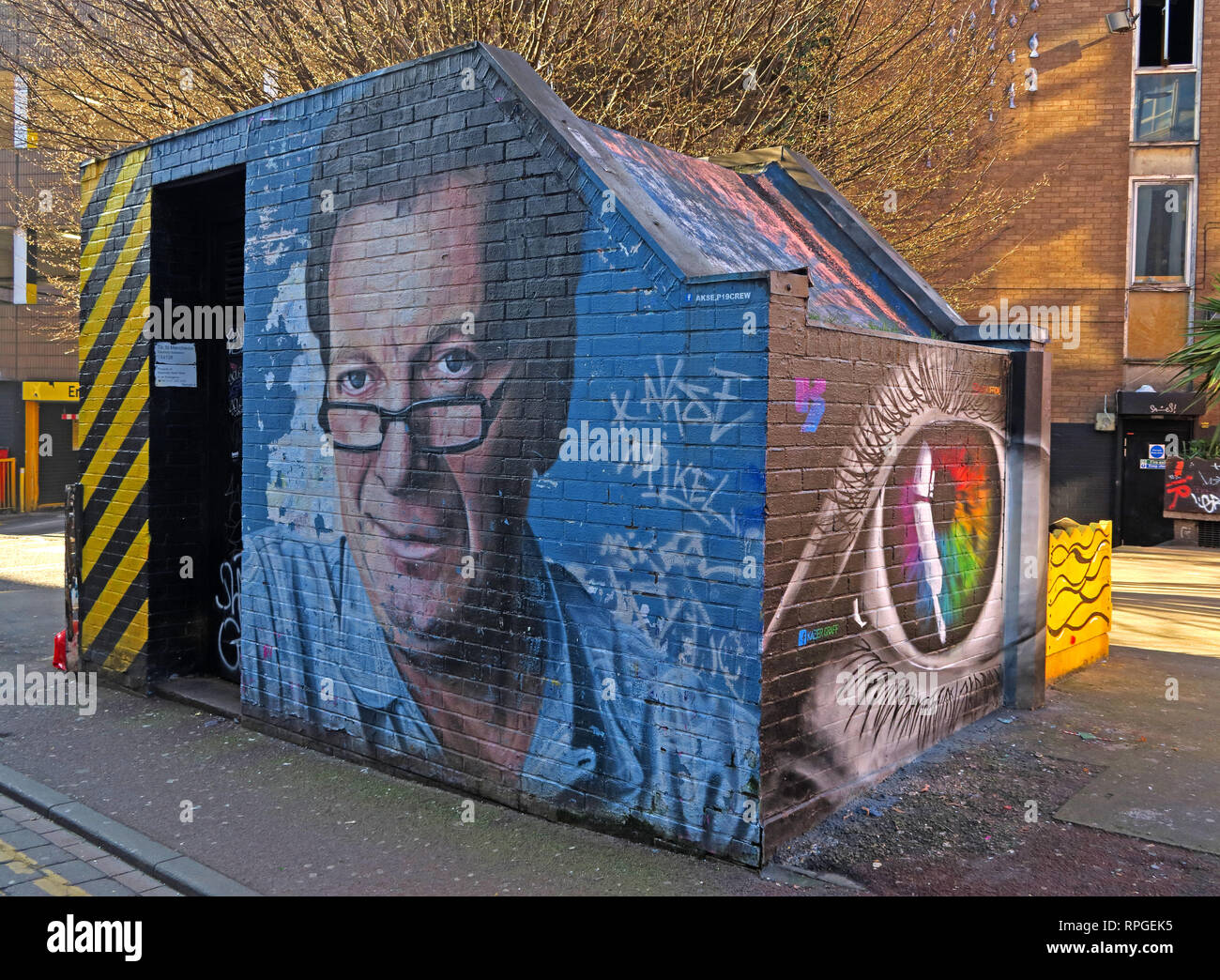 Tony Wilson (Anthony H Wilson) mural / artwork, Factory Records owner and Granada broadcaster, Tib St Manchester, UK Stock Photo