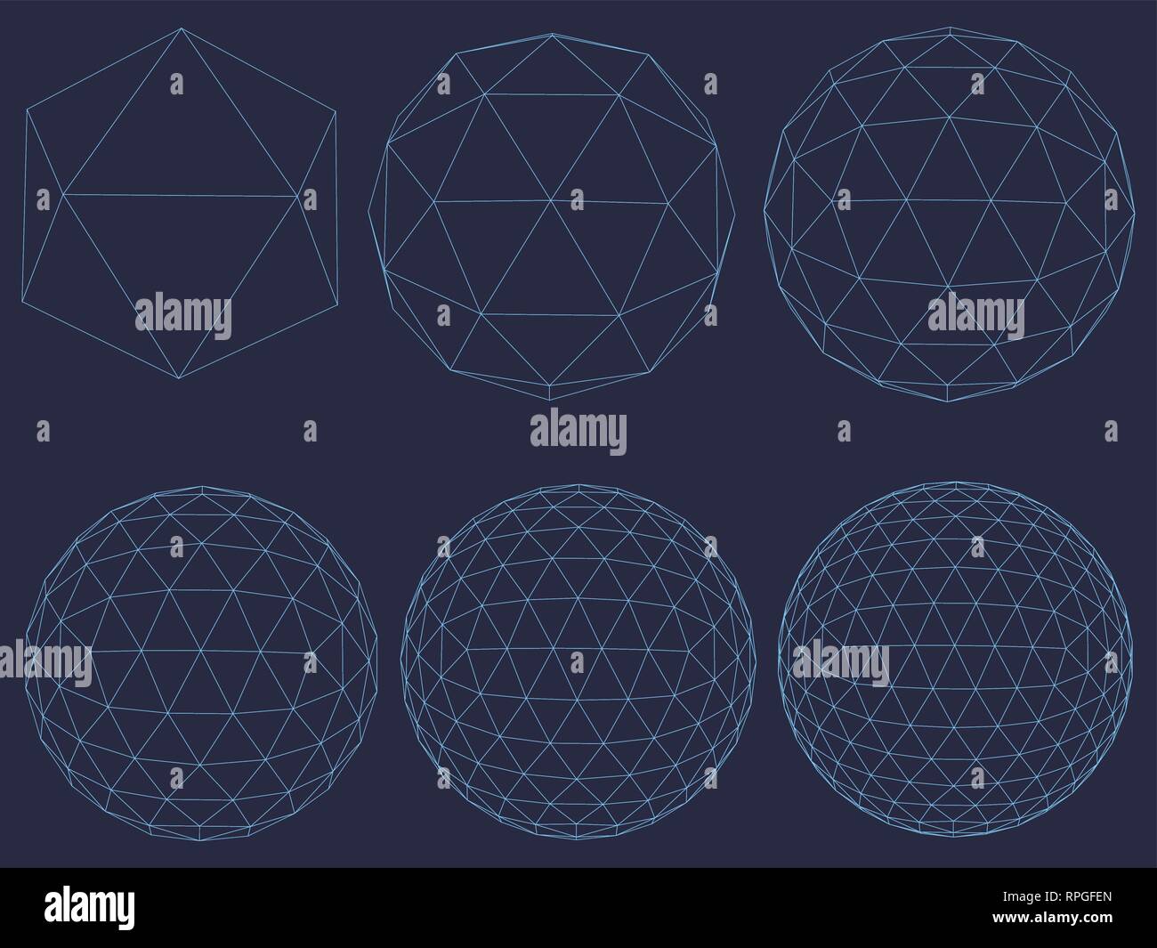 set with wireframe of geometric figures, a sequence of complications of the figure of sphere on a dark blue background Geometric shapes from the blue  Stock Vector