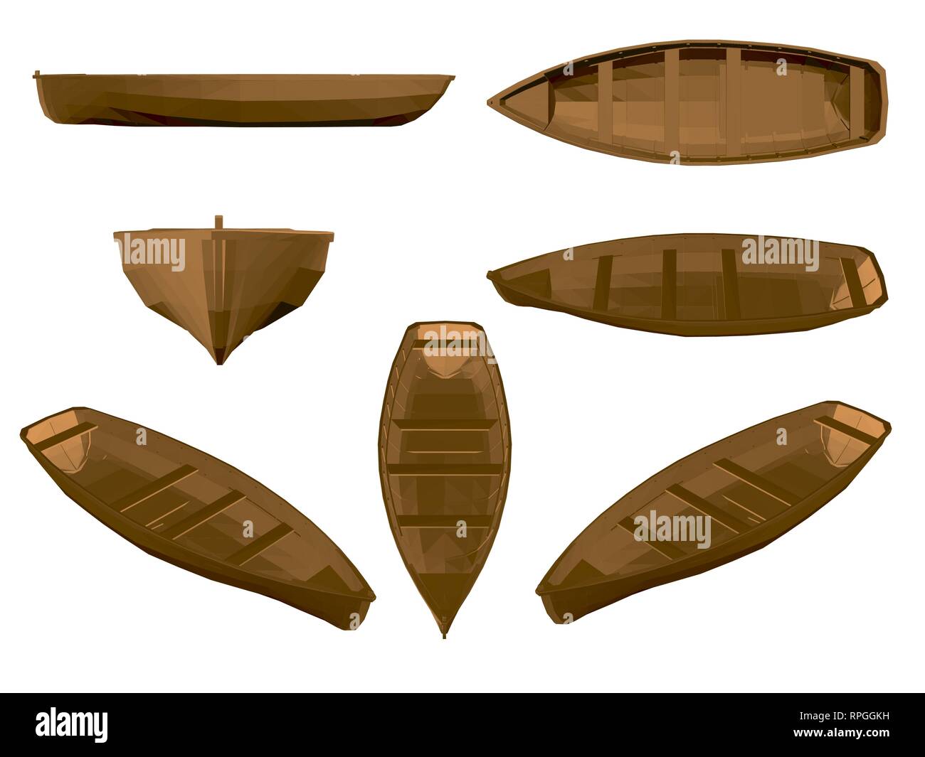 Set with wooden boat. Brown wooden boat in different positions. 3D. Side, front, isometric, top view. Vector illustration with boats. Stock Vector