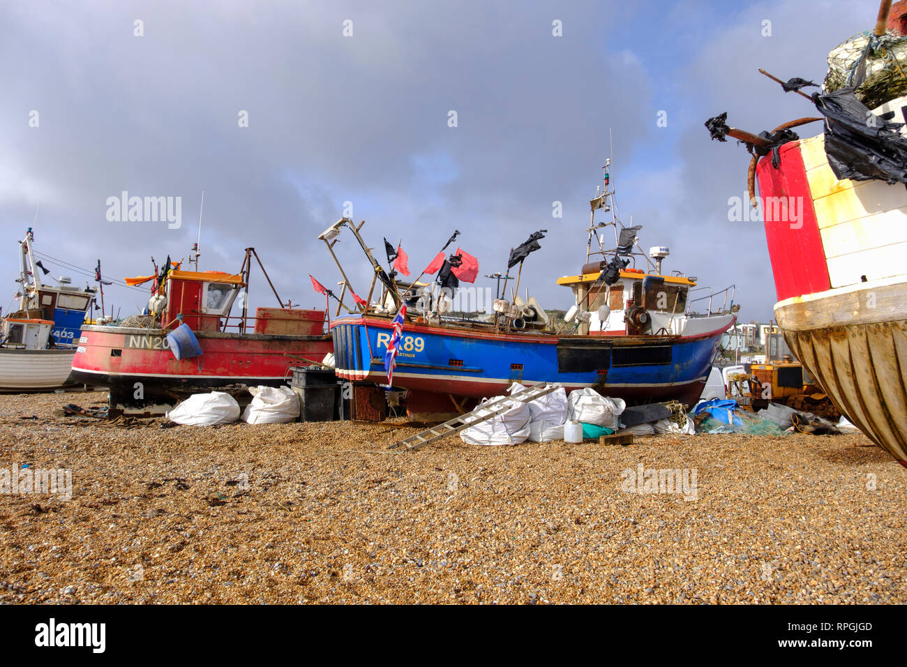 Hastings fishing boats on the Old Town Stade beach, East Sussex, UK Stock Photo