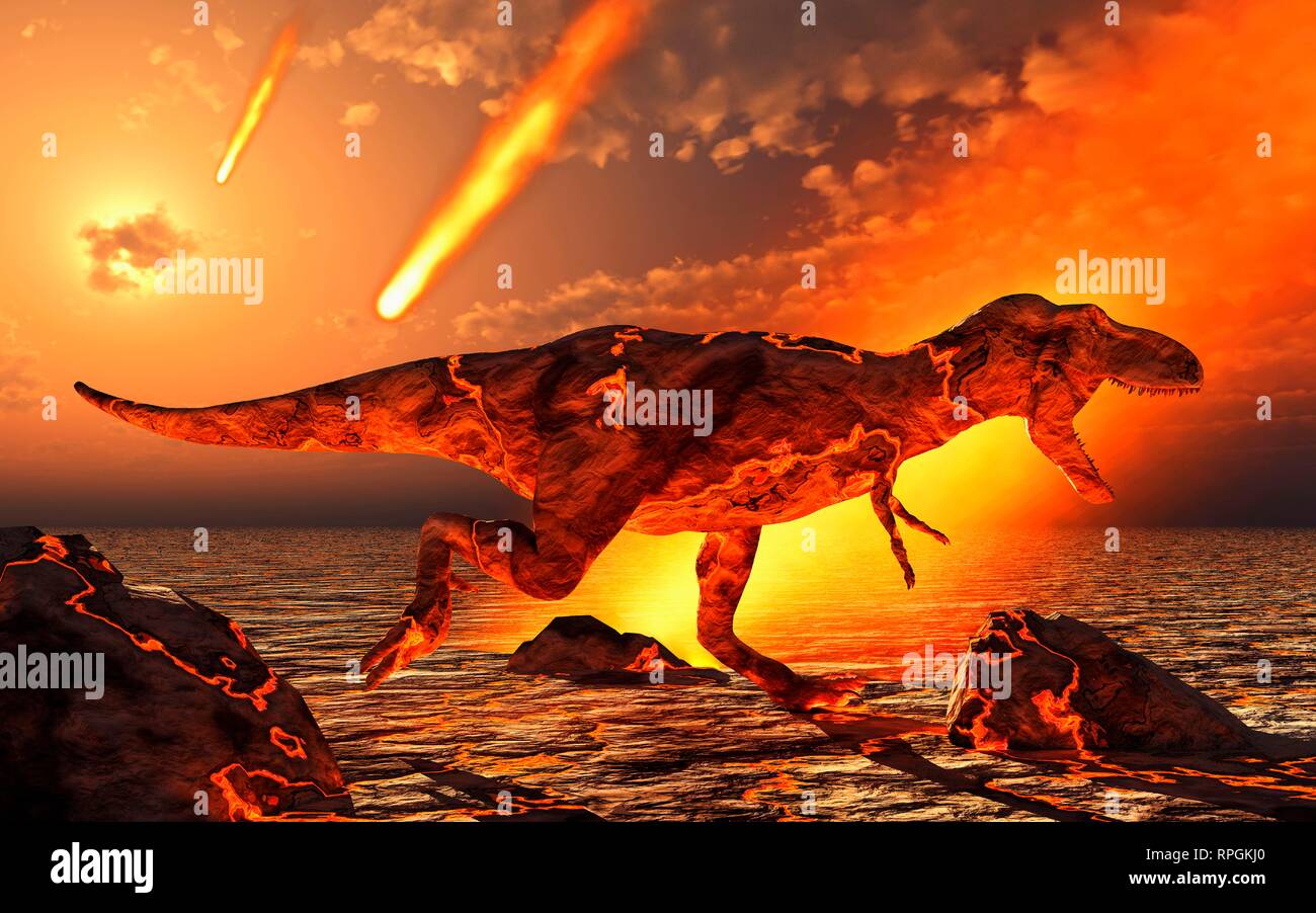 Tyrannosaurus rex fleeing from an asteroid strike - Stock Image