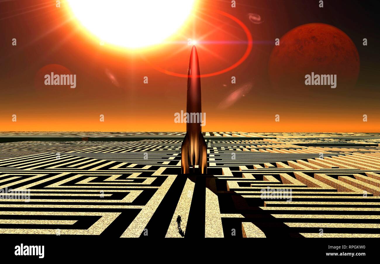 Rocket at the Center of Maze, with Lone Figure Walking Towards It. Stock Photo