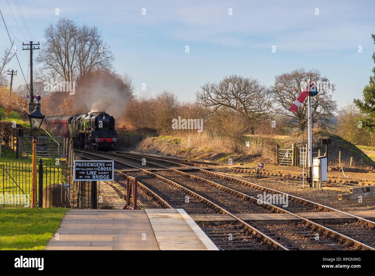 Steam trains on the Severn Valley Railway in the picturesque village of Arley in Worcestershire, UK.  Taken on February 21st 2019 Stock Photo