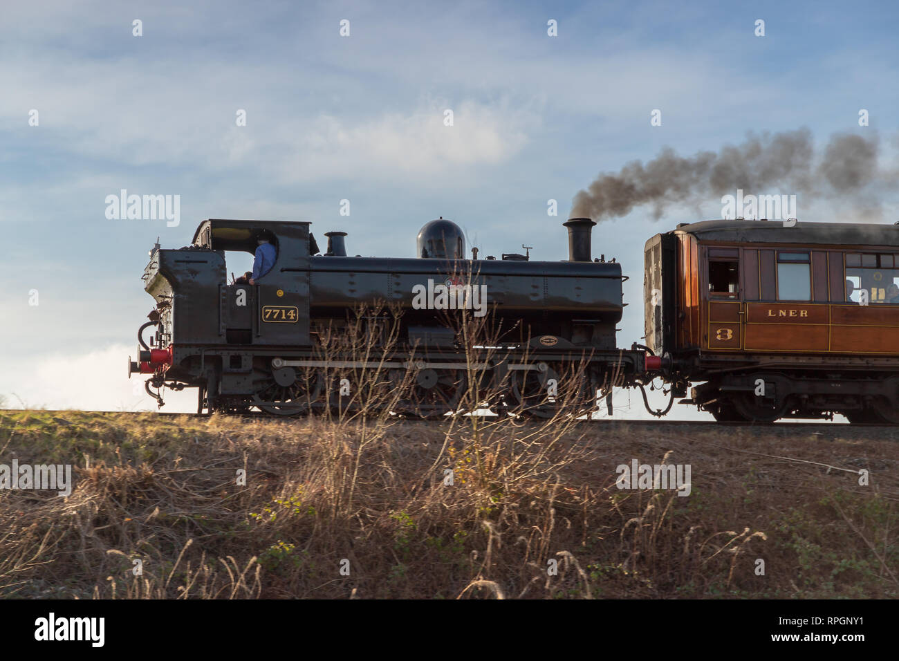 Steam trains on the Severn Valley Railway in the picturesque village of Arley in Worcestershire, UK.  Taken on February 21st 2019 Stock Photo